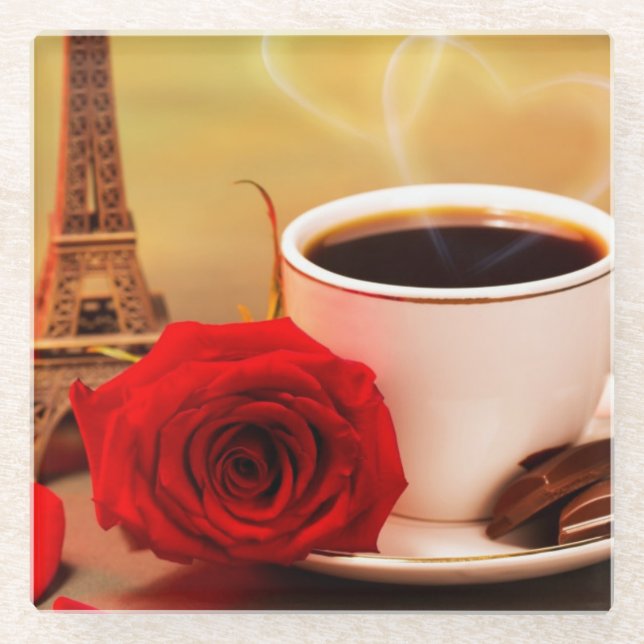 Posavasos De Vidrio Café en París con Rosa Roja (Anverso)