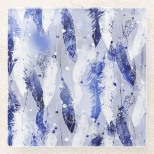 Posavasos De Vidrio Caída de plumas: patrón azul acuarela.
