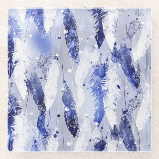 Posavasos De Vidrio Caída de plumas: patrón azul acuarela.