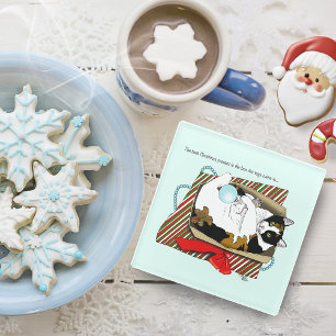 Posavasos De Vidrio Caja de regalo divertida de gato calicó de Navidad