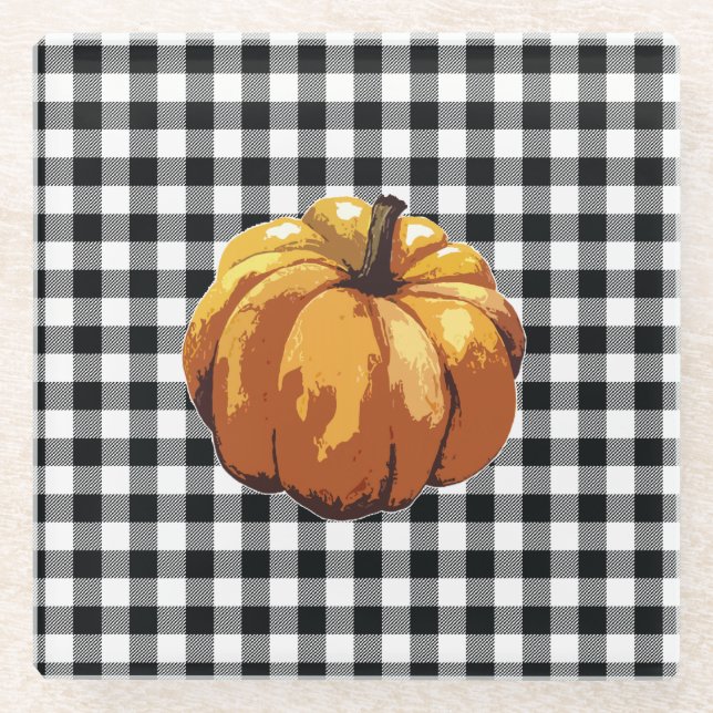 Posavasos De Vidrio Calabaza Black Check Otoño Caída (Anverso)