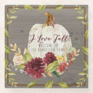 Posavasos De Vidrio Calabaza de decoración floral gris otoño borgoñ