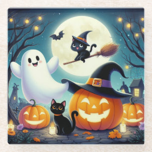 Posavasos De Vidrio Calabaza, gato y fantasma de Halloween.