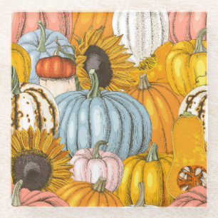 Posavasos De Vidrio Calabazas brillantes, girasoles, patrón dibujado a