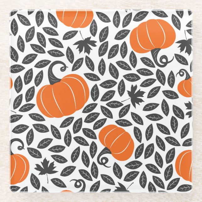 Posavasos De Vidrio Calabazas, hojas: lindo patrón otoño. (Anverso)