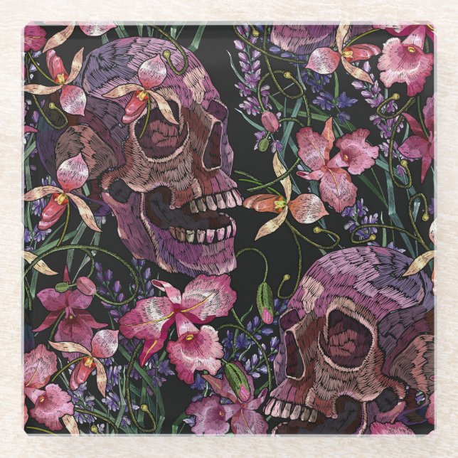 Posavasos De Vidrio Calavera bordada: Patrón de orquídeas góticas (Anverso)