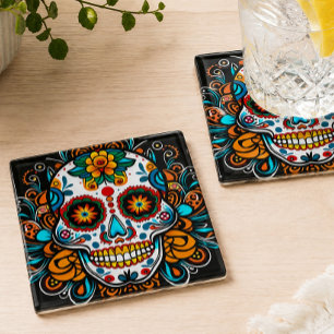 Posavasos De Vidrio Calavera Colorida Día de los Muertos