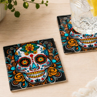 Posavasos De Vidrio Calavera Colorida Día de los Muertos