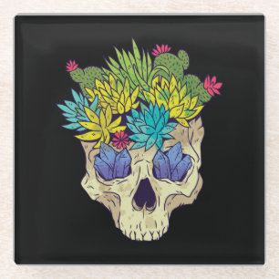 Posavasos De Vidrio Calavera con cristales y suculentos