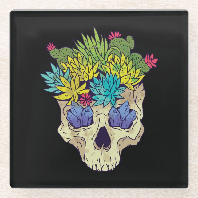 Posavasos De Vidrio Calavera con cristales y suculentos (Anverso)