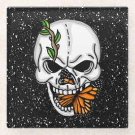 Posavasos De Vidrio Calavera con fondo negro de mariposas monarcas