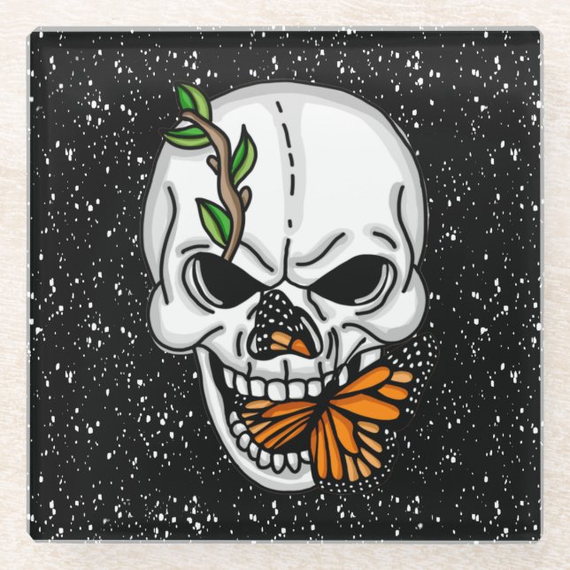 Posavasos De Vidrio Calavera con fondo negro de mariposas monarcas (Anverso)