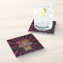 Posavasos De Vidrio Calavera de azúcar con corona floral de aspecto de