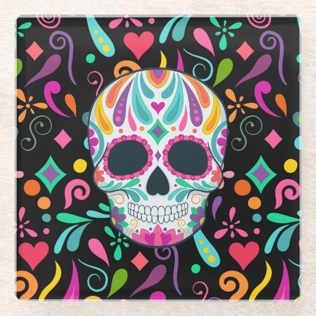 Posavasos De Vidrio Calavera de azúcar florida (Anverso)