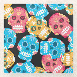 Posavasos De Vidrio Calavera de azúcar, fondo festivo sin costura.