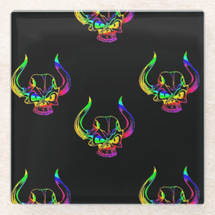 Posavasos De Vidrio Calavera de toro colorida sobre negro