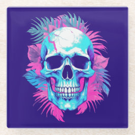 Posavasos De Vidrio Calavera Floral al Estilo Vaporwave
