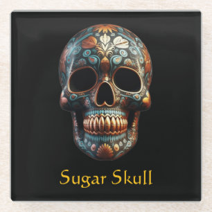 Posavasos De Vidrio Calavera personalizada de oro y turquesa del Día d