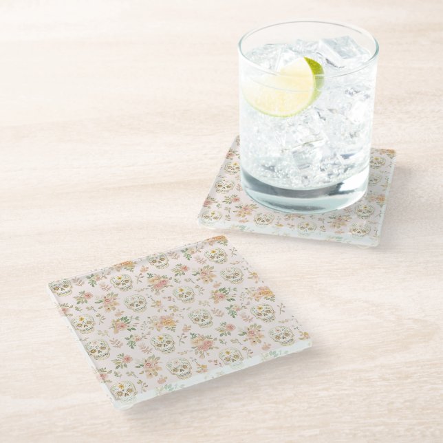 Posavasos De Vidrio Calaveras de Azúcar Flores de Melocotón (Angular)