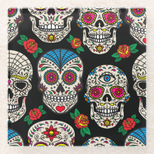 Posavasos De Vidrio Calaveras y Rosas mexicanos: Diseño de época