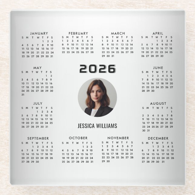 Posavasos De Vidrio Calendario 2026 Personalizado de fondo gris borros (Anverso)