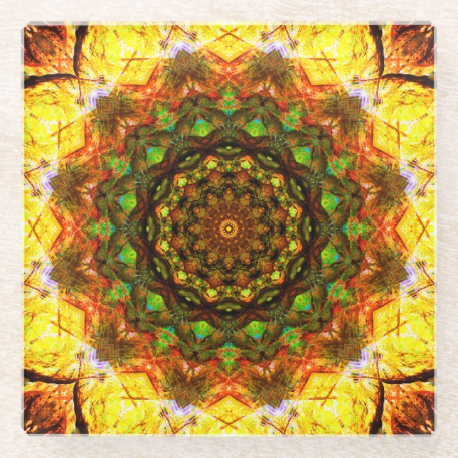 Posavasos De Vidrio Cálido Mandala Art Con Formas Verdes (Anverso)