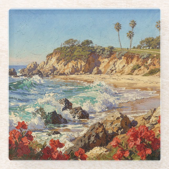 Posavasos De Vidrio  California Beach | Impressionist Coastal Art (Anverso)