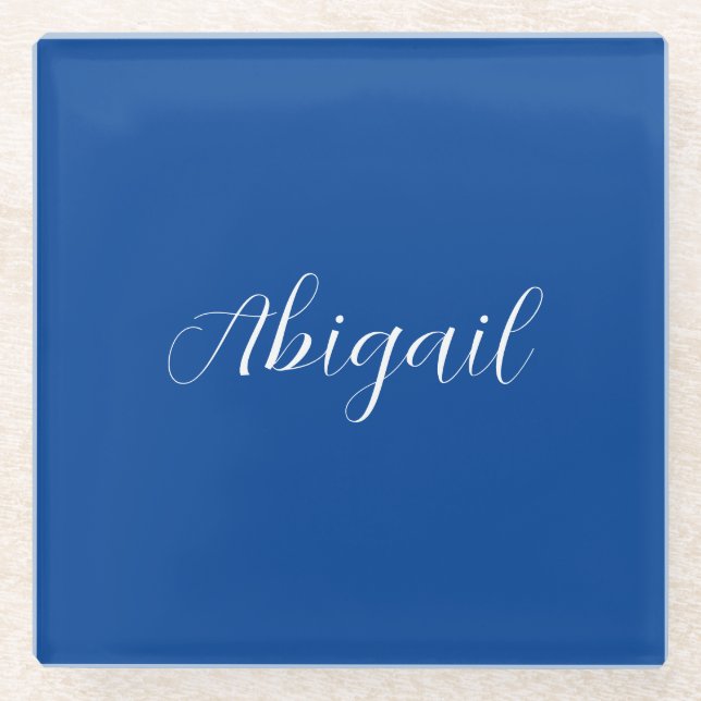 Posavasos De Vidrio Caligrafía Elegante Blue White Plain Nombre simple (Anverso)