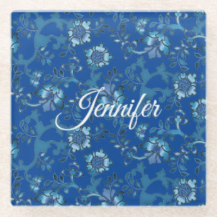 Posavasos De Vidrio Caligrafía Elegante Floral Azul Nombre personaliza