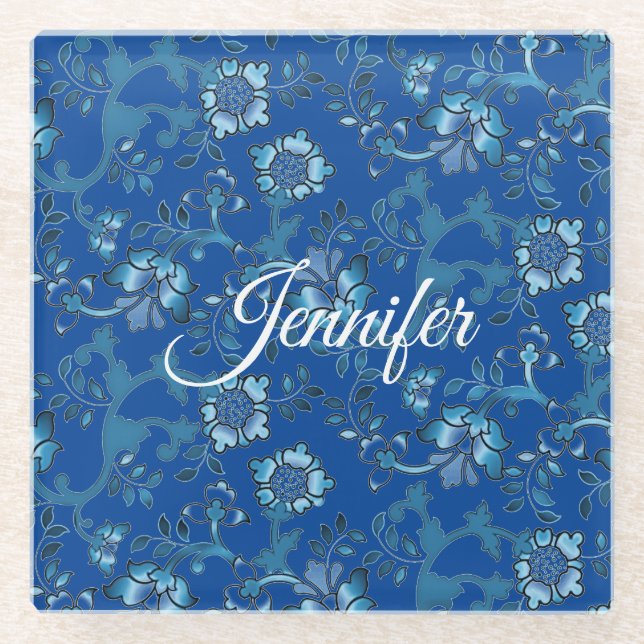 Posavasos De Vidrio Caligrafía Elegante Floral Azul Nombre personaliza (Anverso)