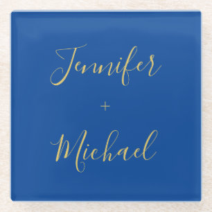 Posavasos De Vidrio Caligrafía Personalizado de color azul dorado Edic