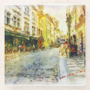 Posavasos De Vidrio Calles de la acuarela vieja de Praga