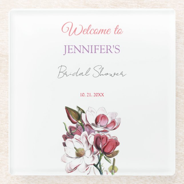 Posavasos De Vidrio Calligrafía Elegante Floral Bienvenida Ducha Brida (Anverso)