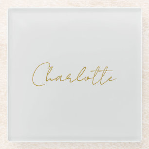 Posavasos De Vidrio Calligraphy Gold Color Gray Personalizado Personal