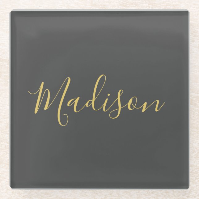 Posavasos De Vidrio Calligraphy Gold Color Gray Personalizado Personal (Anverso)