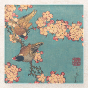 Posavasos De Vidrio Camachuelo de Hokusai y Flor de Cerezo Ave Vintage