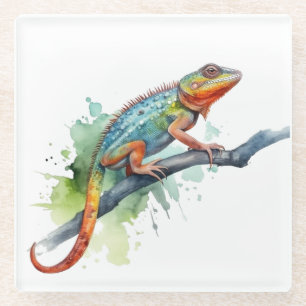Posavasos De Vidrio camaleón en una rama color agua colores vibrantes