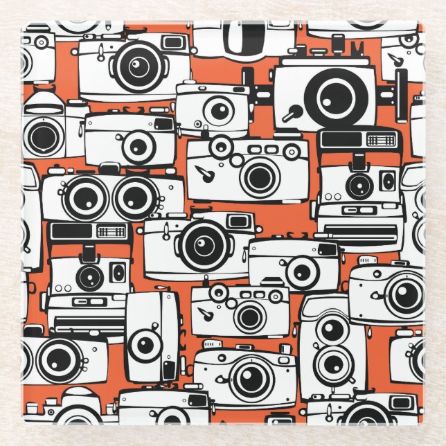 Posavasos De Vidrio Cámaras de cine antiguas, patrón sin fisuras. (Anverso)