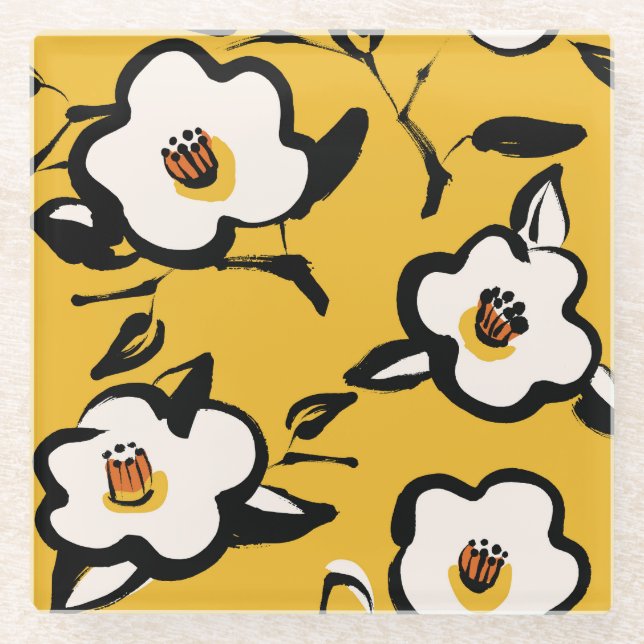Posavasos De Vidrio Camellia amarilla, cosmética floral de cosmética. (Anverso)