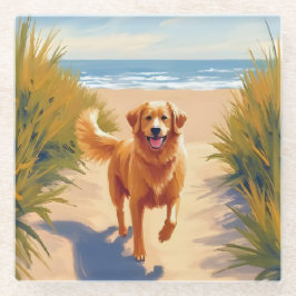Posavasos De Vidrio Camino de la Playa del Golden Retriever | Perro de