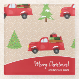 Posavasos De Vidrio Camión de vintage de árbol de vacaciones Cocina na