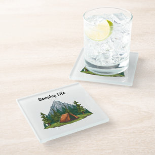 Posavasos De Vidrio Camping Life, con una carpa en los bosques mochill