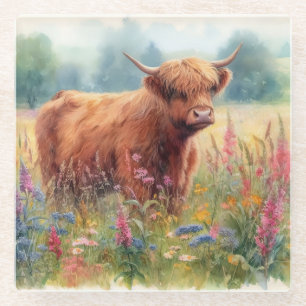 Posavasos De Vidrio Campo de flor silvestre Highland Cow Watercolor