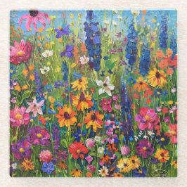 Posavasos De Vidrio Campo de flores silvestres Montaña de pintura acrí