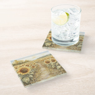 Posavasos De Vidrio Campo de Girasoles Amarillos