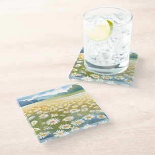 Posavasos De Vidrio Campo de Margaritas   Pintura Floral de Prado de F