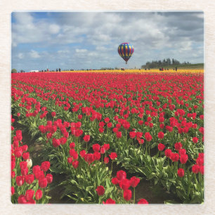 Posavasos De Vidrio Campo de tulipán rojo con globo de aire caliente