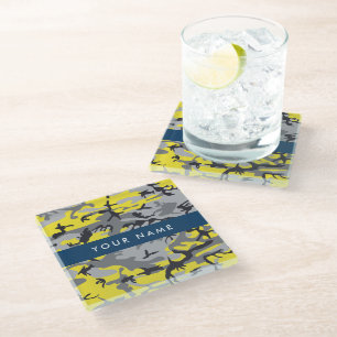 Posavasos De Vidrio Camuflaje Amarillo y Gris Personaliza tu nombre