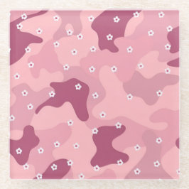 Posavasos de vidrio camuflaje flores rosa borgoña 