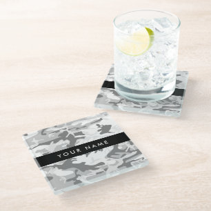 Posavasos De Vidrio Camuflaje Gris Nieve Invernal Personaliza tu nombr
